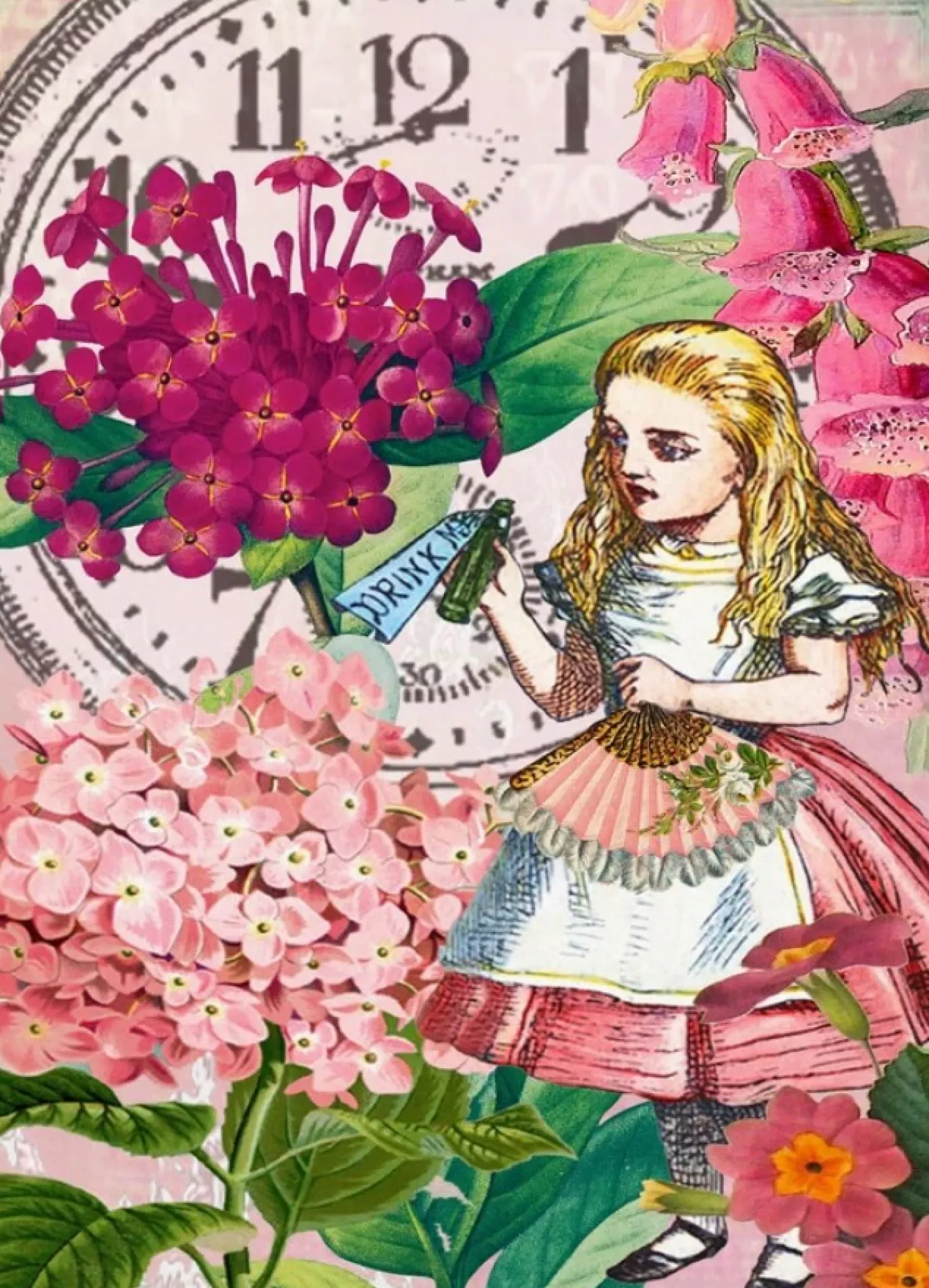 Alice in Wonderland-Pink Flowers Greetings Card