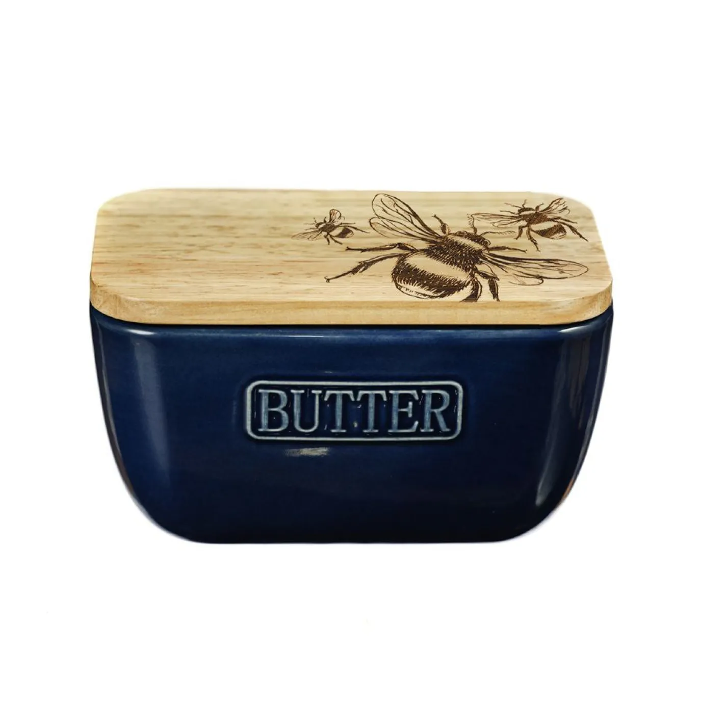 Bee Oak & Ceramic Blue Butter Dish