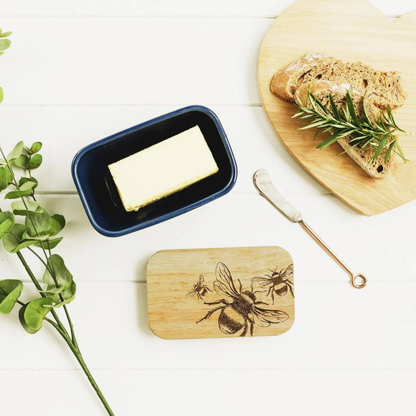 Bee Oak & Ceramic Blue Butter Dish