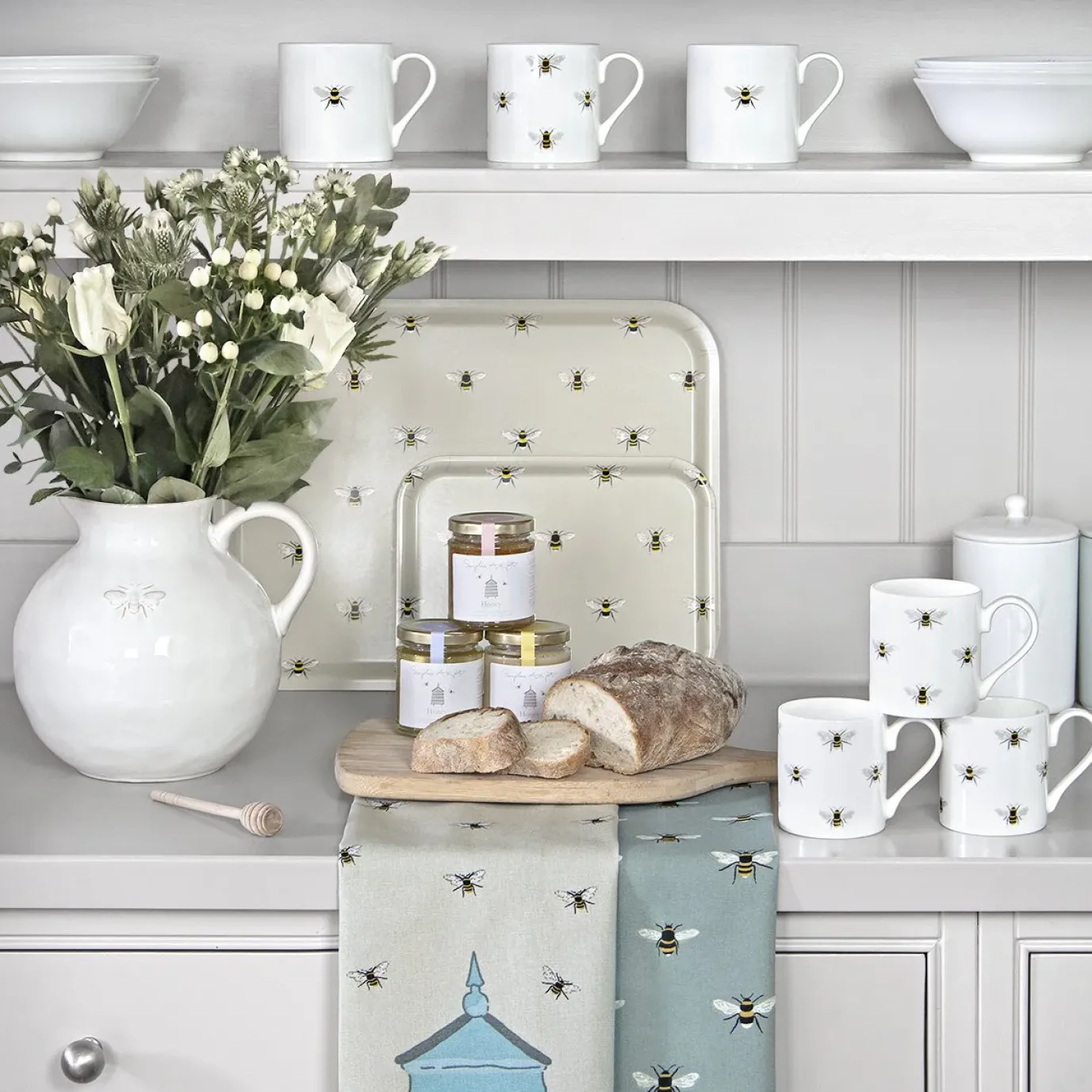 Bees Teal Scene Tea Towel