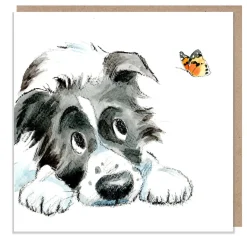 Black and White Collie with Butterfly Greetings Card