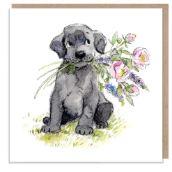 Black Labrador with Flowers Greetings Card