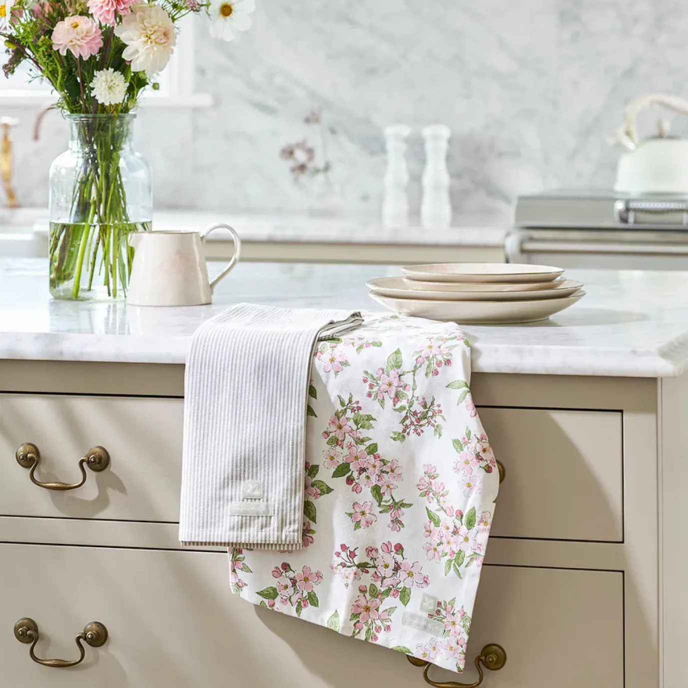 Blossom and Stamford Stripe Set of 2 Tea Towels by Sophie Allport