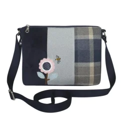 Blue Tweed Applique Pink Sunflower Messenger Bag