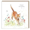 Cat Jumping through Flowers "Happy Birthday" Greetings Card