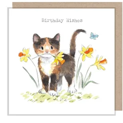 Cat with Daffodils "Birthday Wishes" Greetings Card