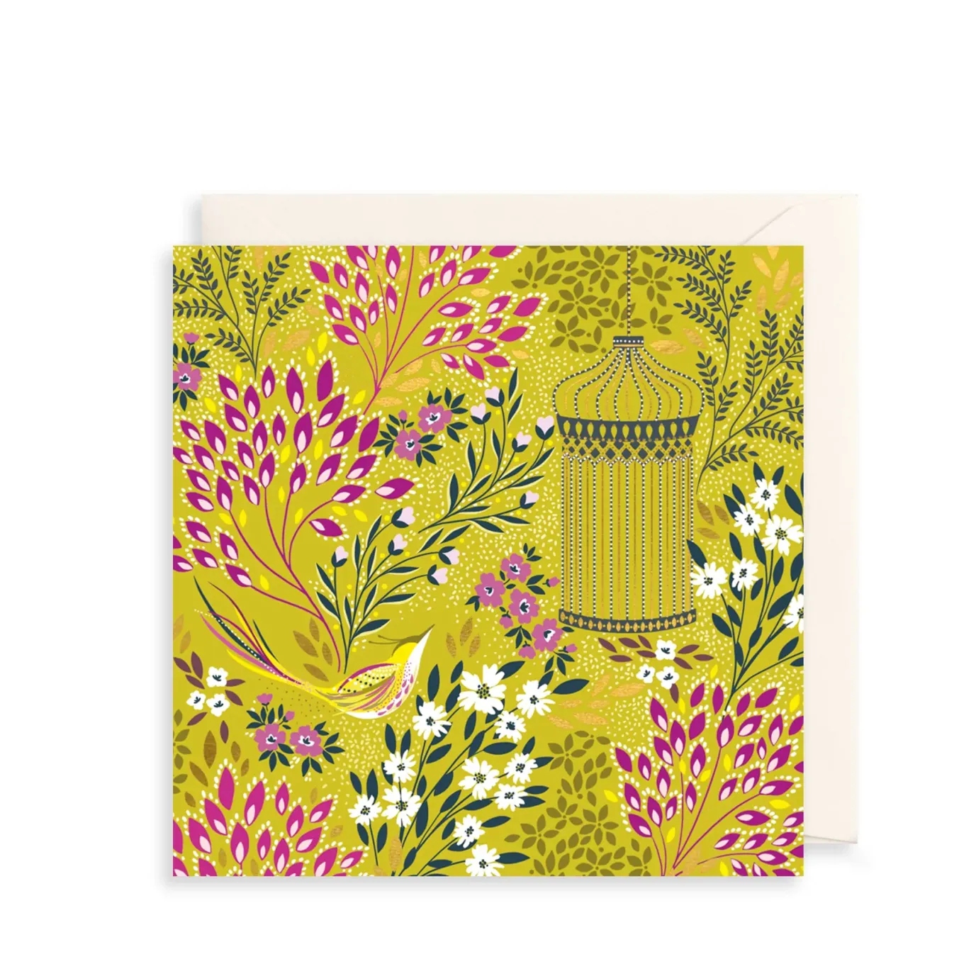 Chartreuse Florals & Bird Greeting Card