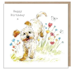 Cockapoo with Flowers & Butterflies "Happy Birthday" Greetings Card