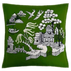 Deep Green Willow Pattern Wool Pillow