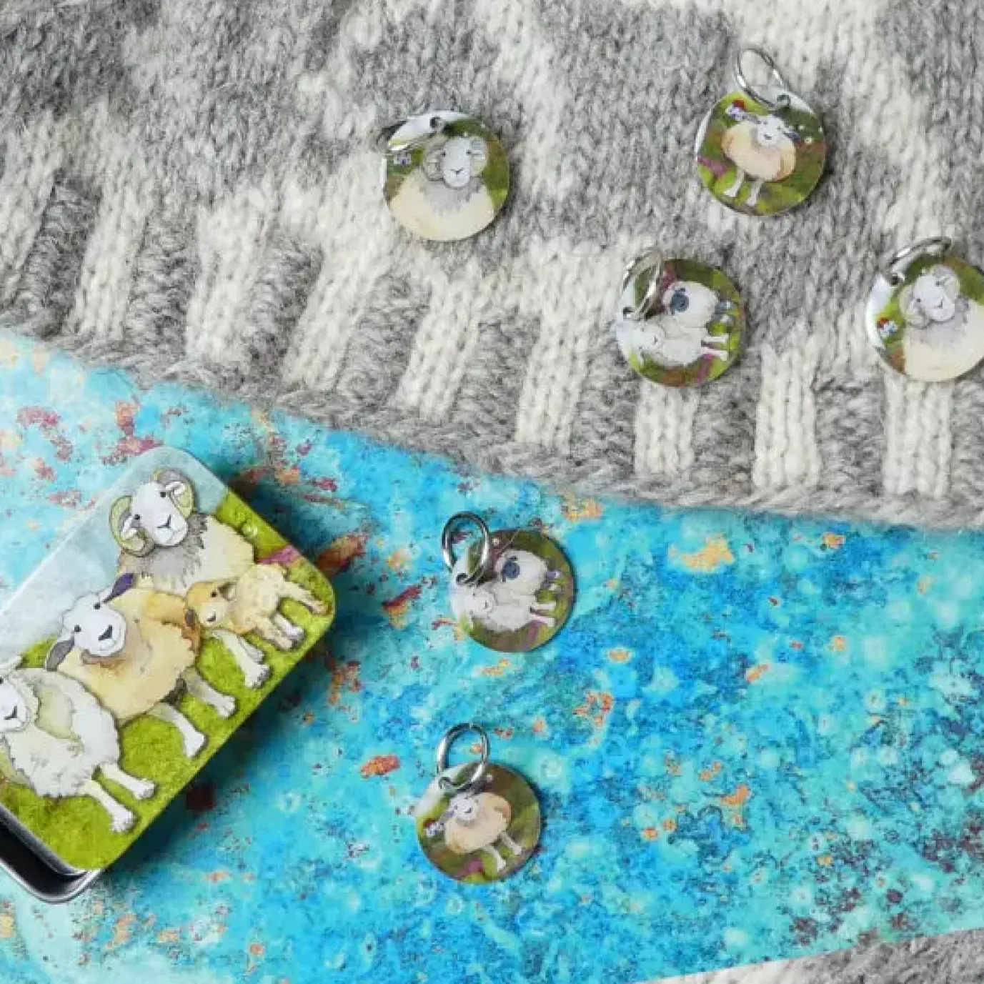 Felted Sheep Set of 6 Stitch Markers in a Pocket Tin