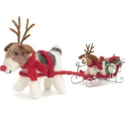 Fox Terriers with Presents on Sleigh Felt Decoration