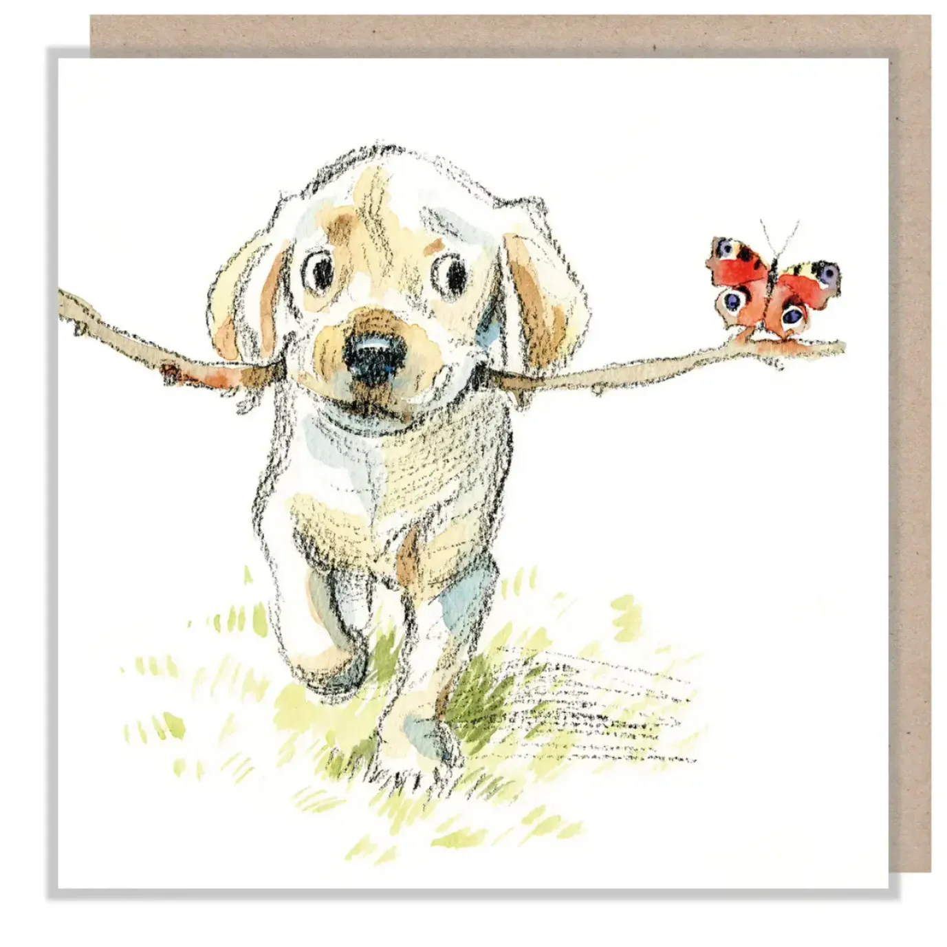 Golden Lab with Stick & Butterfly Greetings Card