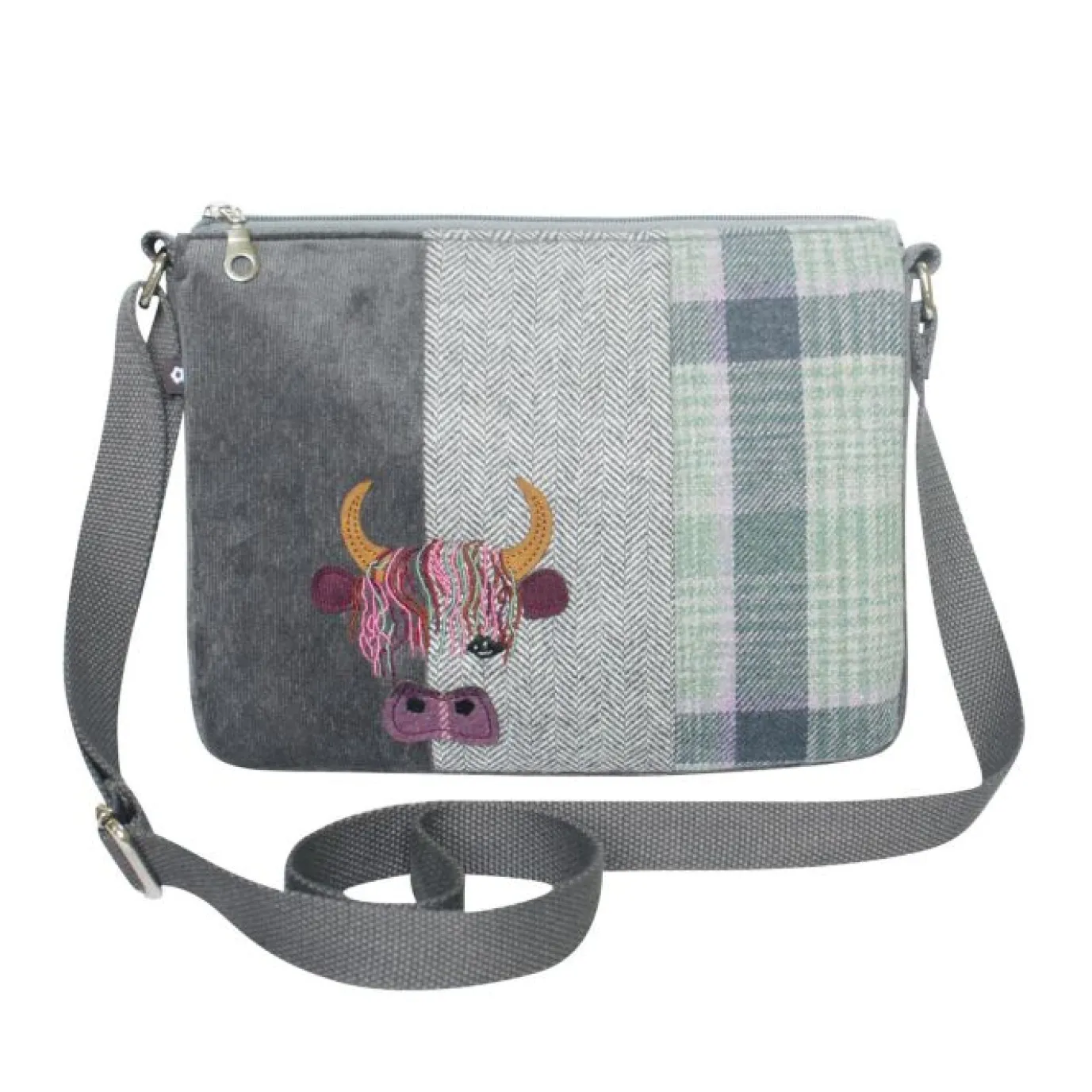 Green Tweed Cow Applique Messenger Bag