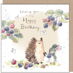 Hedgehog and Mouse with Blackberries "Wishing You" Birthday Greetings Card