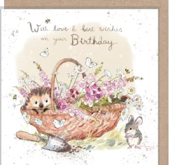 Hedgehog in Flower Basket "With Love and Best Wishes on Your Birthday" Birthday Greetings Card