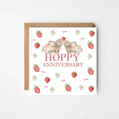 'Hoppy Anniversary' Rabbits and Strawberries Greetings Card
