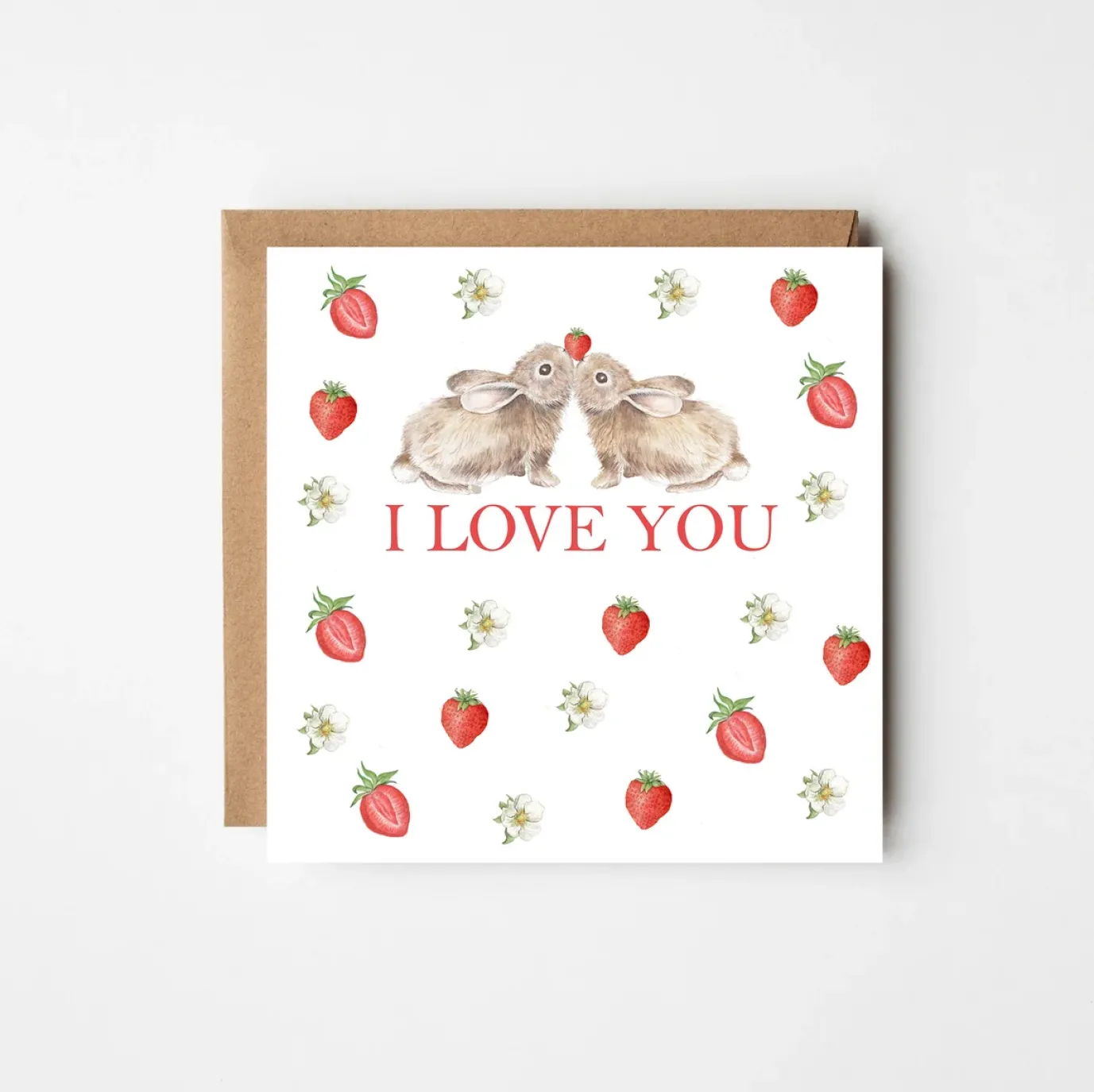 'I Love You' Rabbits and Strawberries Greetings Card