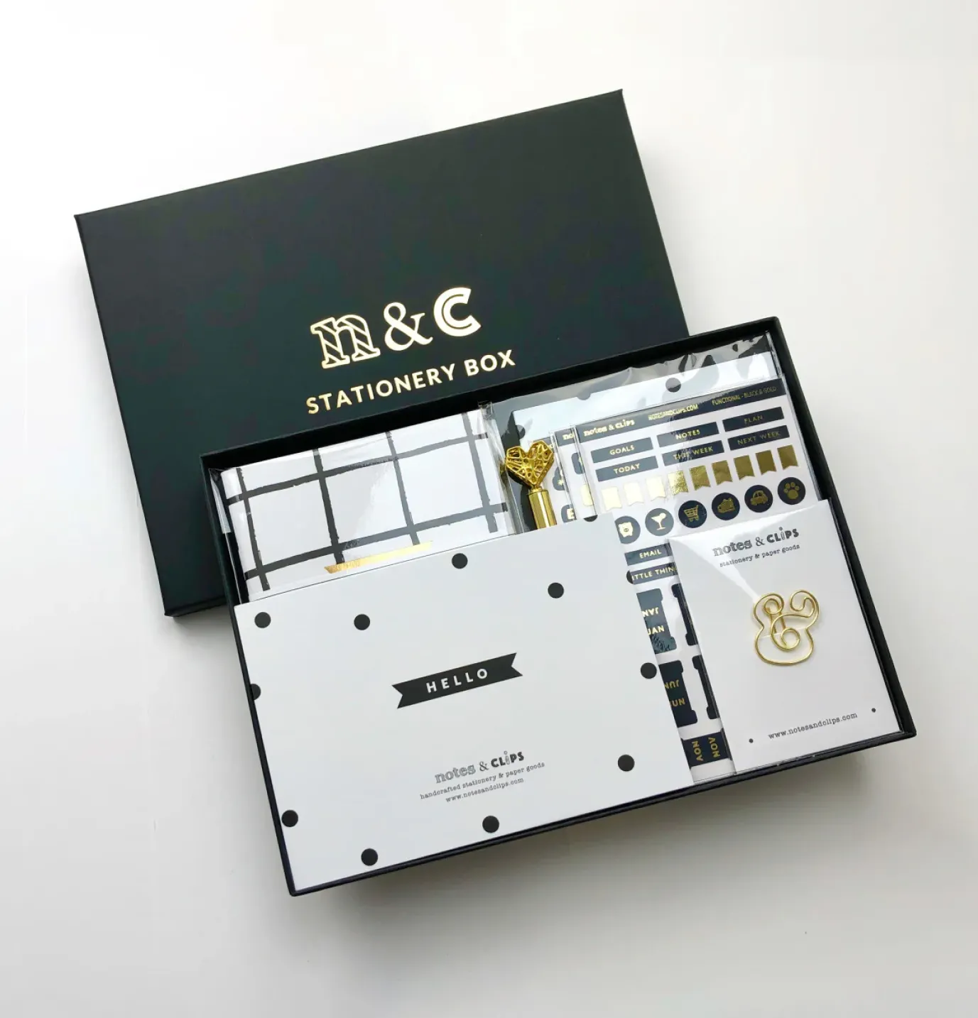 Notes & Clips Black & Gold Stationery Box