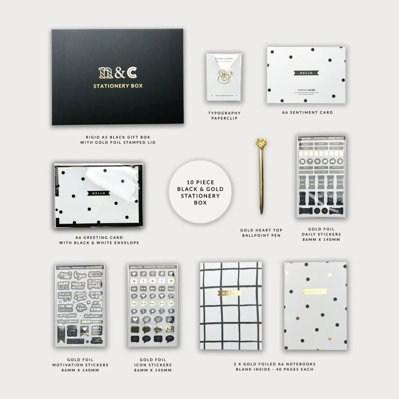 Notes & Clips Black & Gold Stationery Box