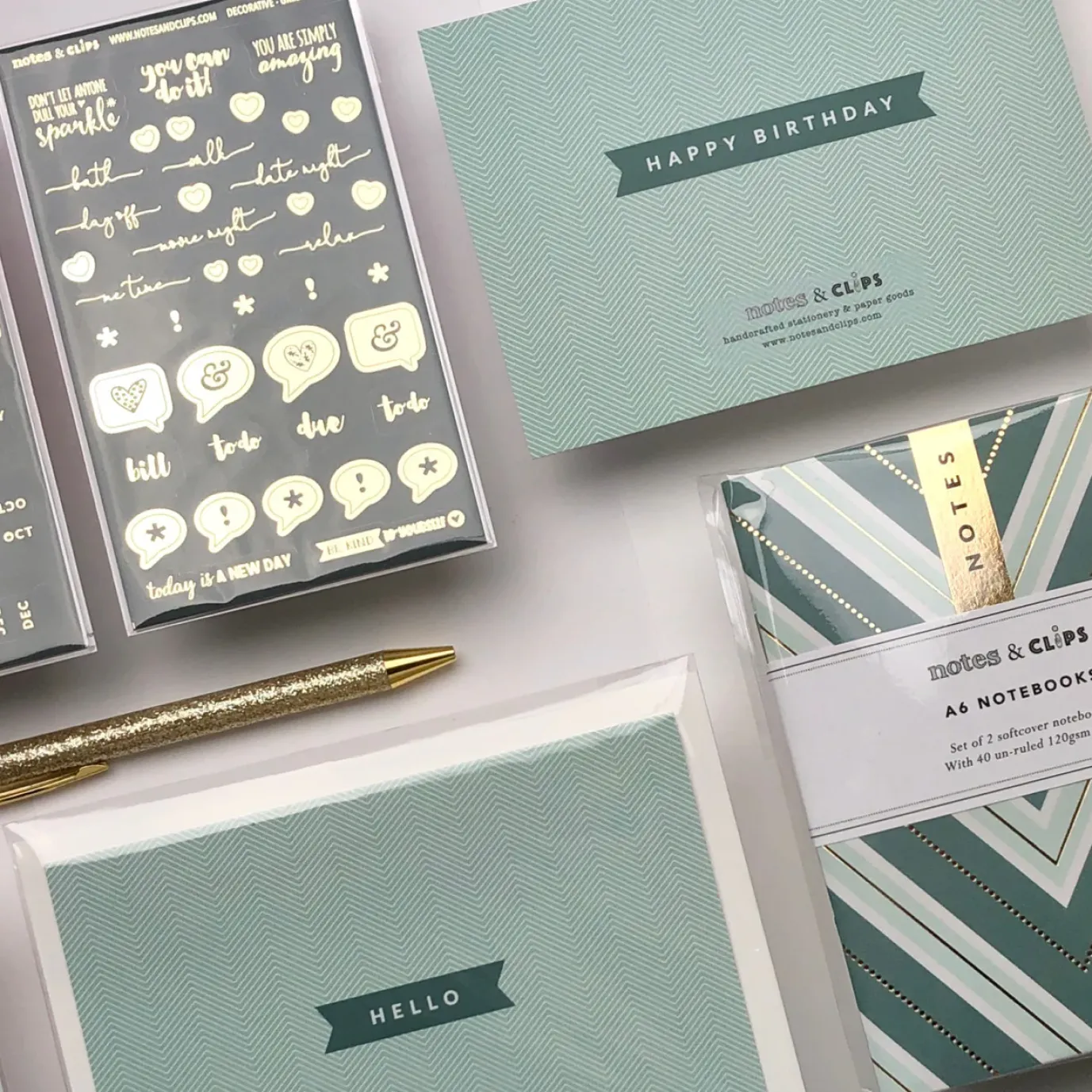 Notes & Clips Green & Gold Stationery Box