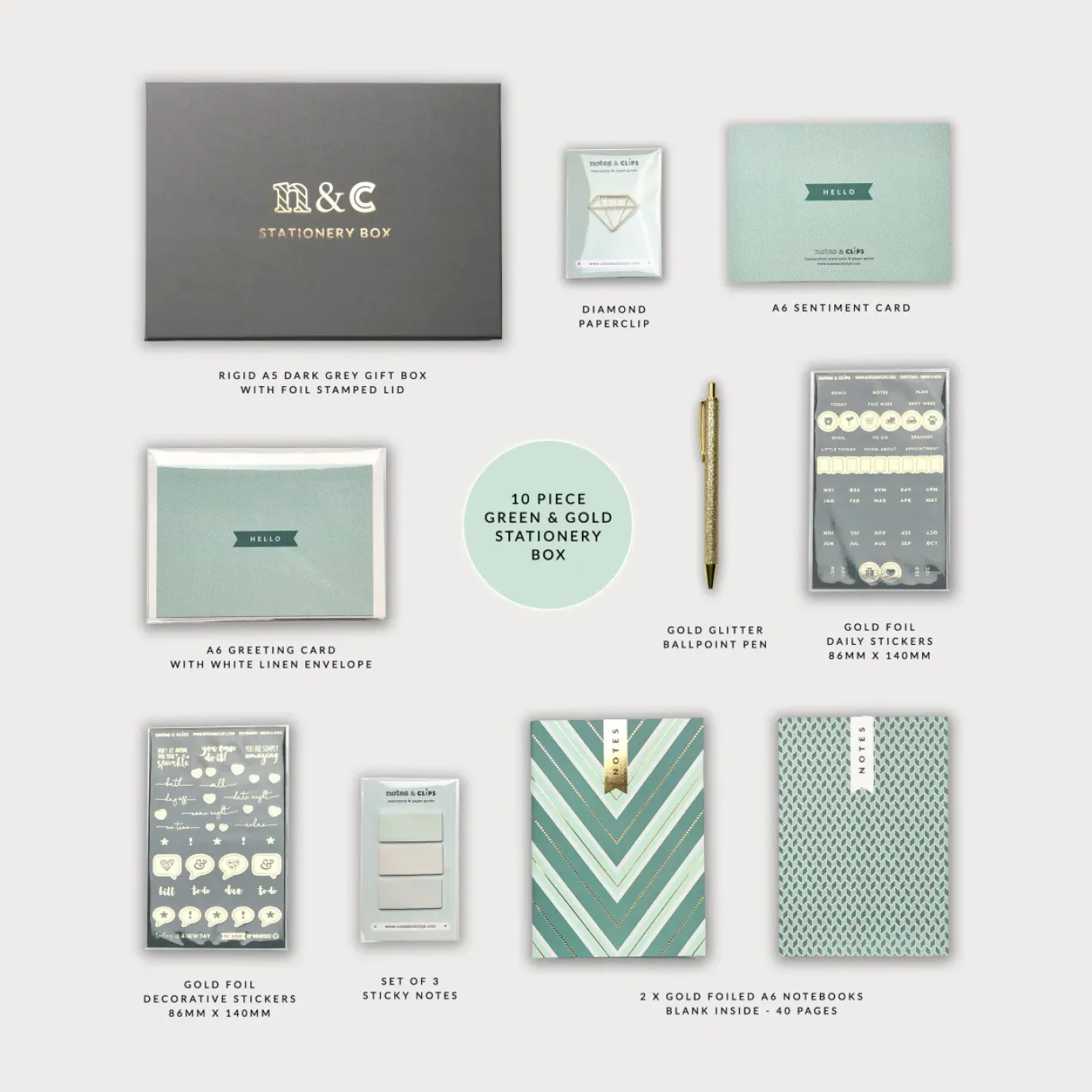 Notes & Clips Green & Gold Stationery Box