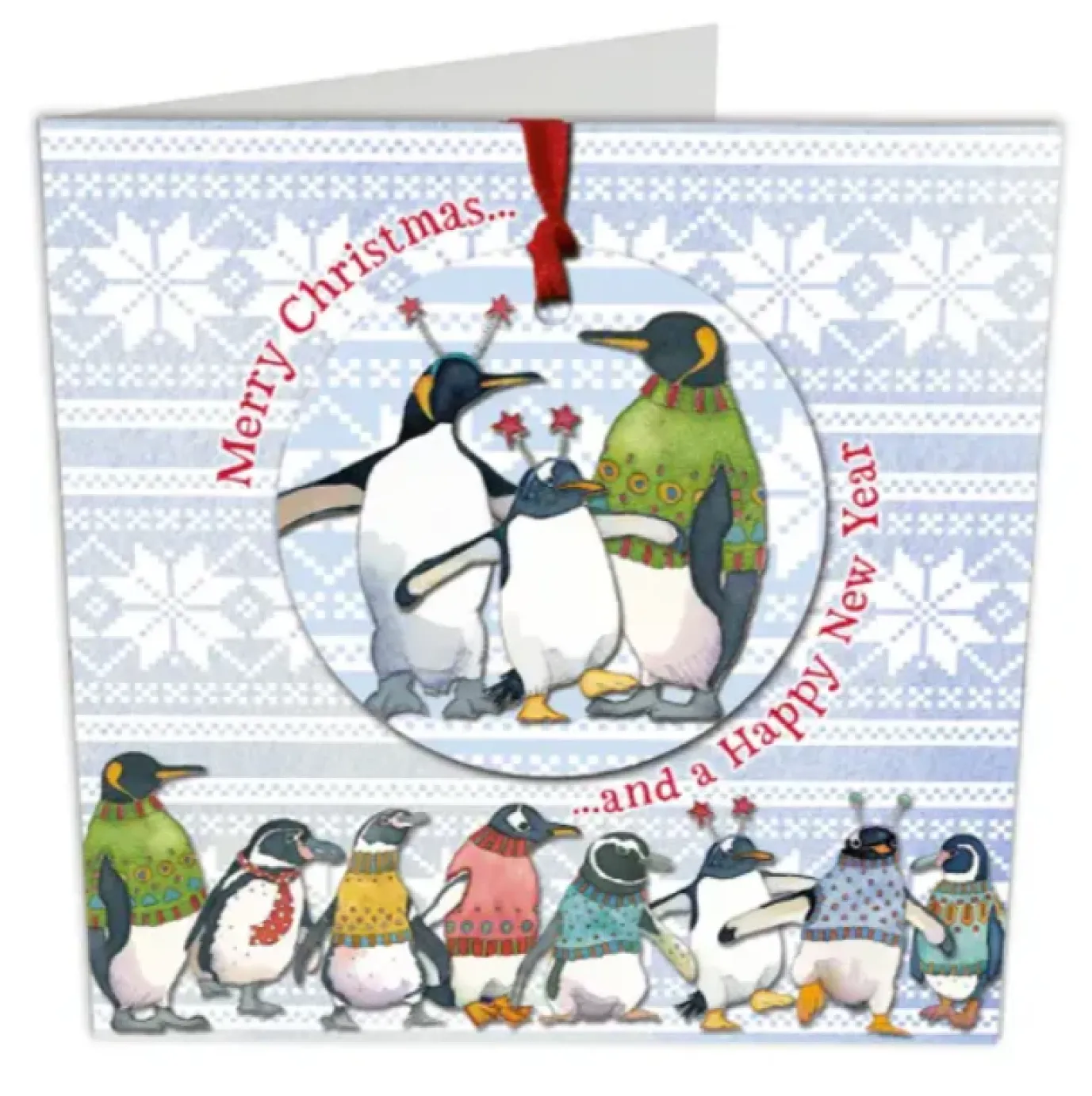 Penguins in Pullovers Melamine Bauble Card