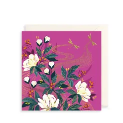 Pink, Floral & Dragonflies Greeting Card by Sara Miller