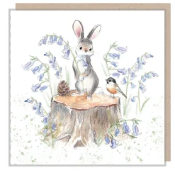 Rabbit on Tree Stump with Bluebells Greetings Card