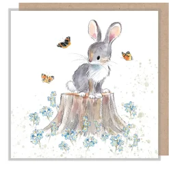 Rabbit with Forget Me Knots and Butterflies Greetings Card
