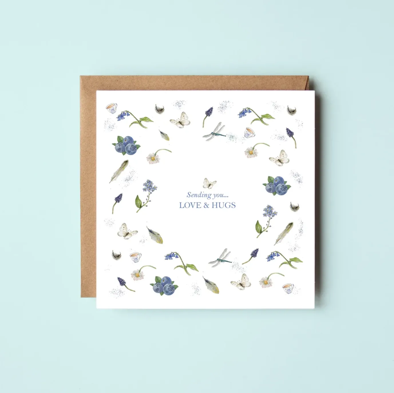'Sending you Love & Hugs' Butterflies and Blueberries Greetings Card