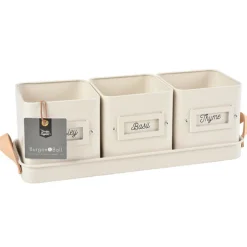 Set of 3 Herb Pots in a Leather Handled Tray - Stone