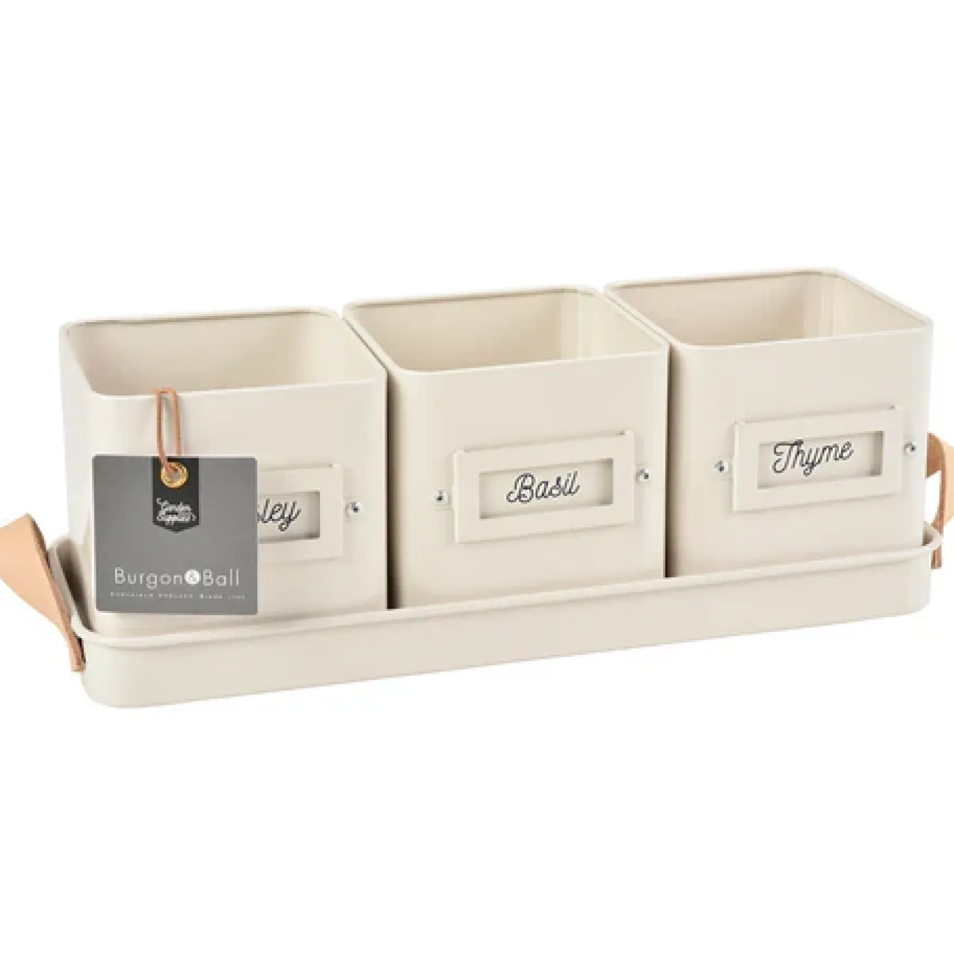 Set of 3 Herb Pots in a Leather Handled Tray - Stone