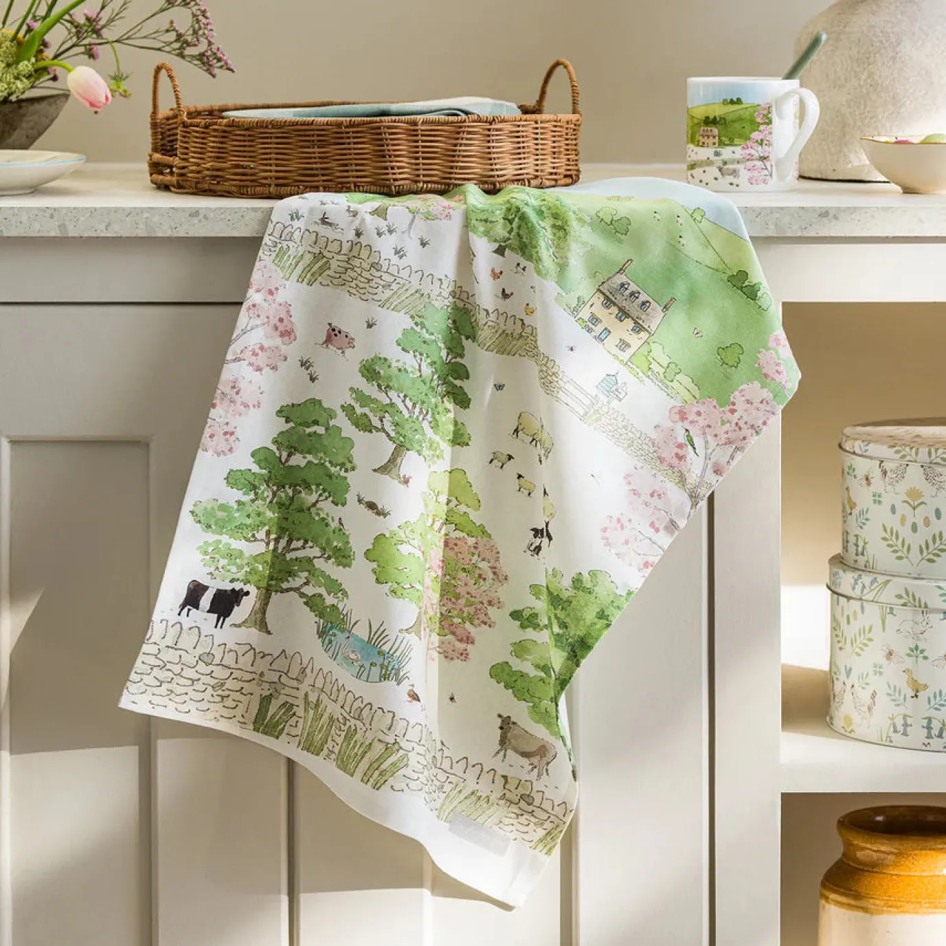 Spring Cottage Scene Tea Towel