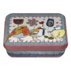 Stitched Birdies Hinged Small Rectangular Tin
