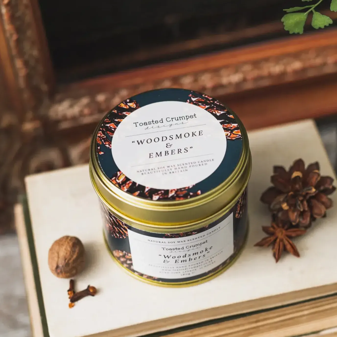 Woodsmoke & embers Candle in a Matte Gold Tin