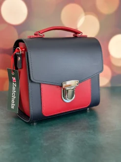 Zatchels Handmade Leather Sugarcube Plus Handbag - Navy with Red Contrast