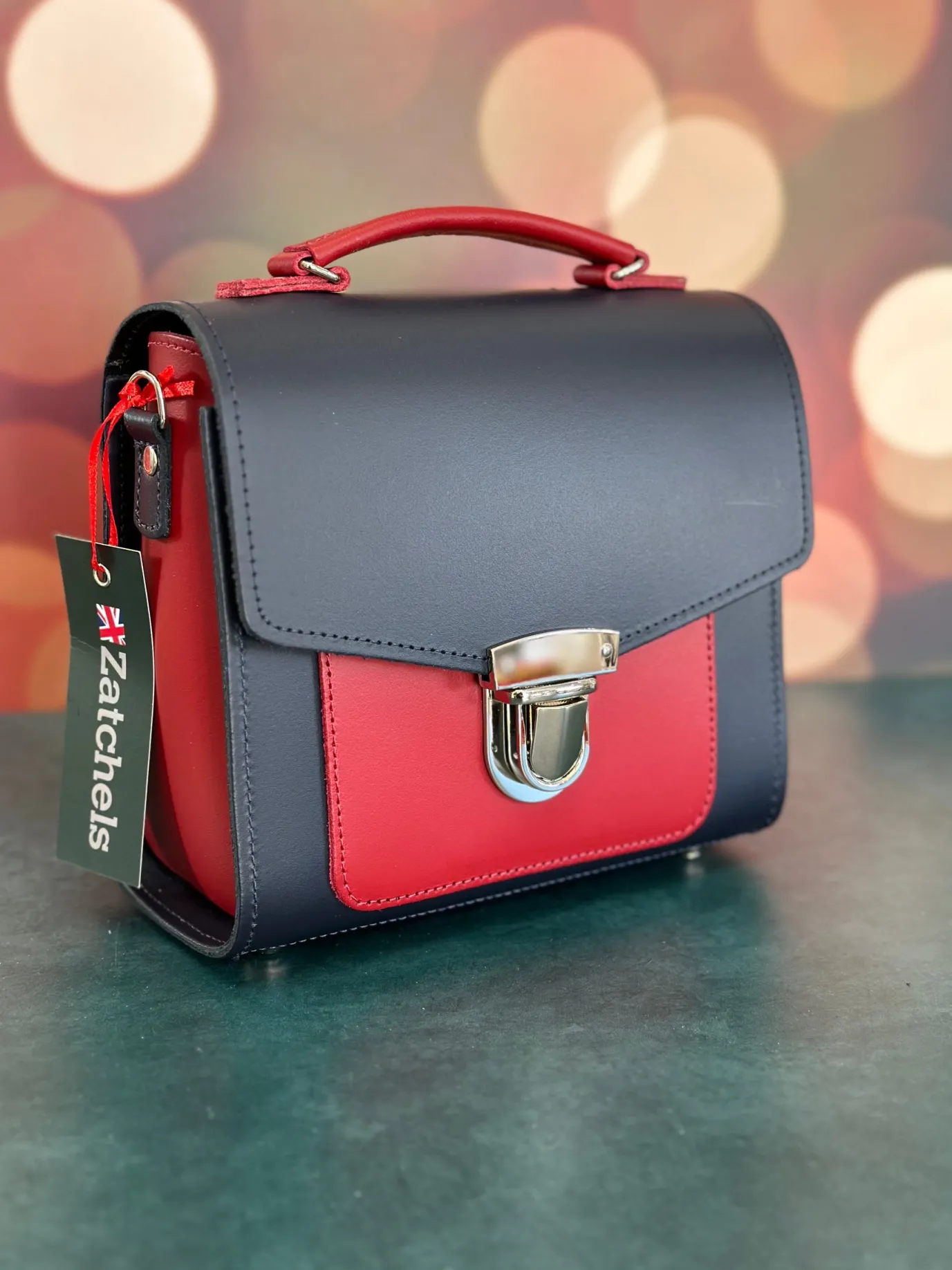 Zatchels Handmade Leather Sugarcube Plus Handbag - Navy with Red Contrast