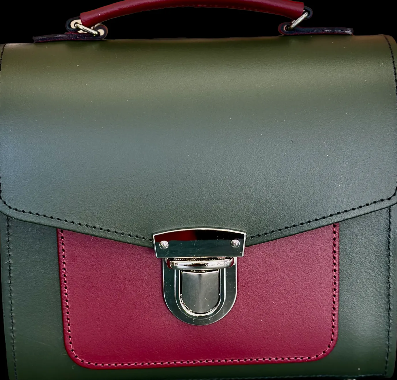 Zatchels Handmade Leather Sugarcube Plus Handbag - Ivy Green with Oxblood Contrast